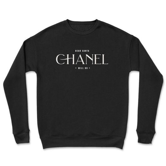 Black sweatshirt with 'Chanel' text on a white background