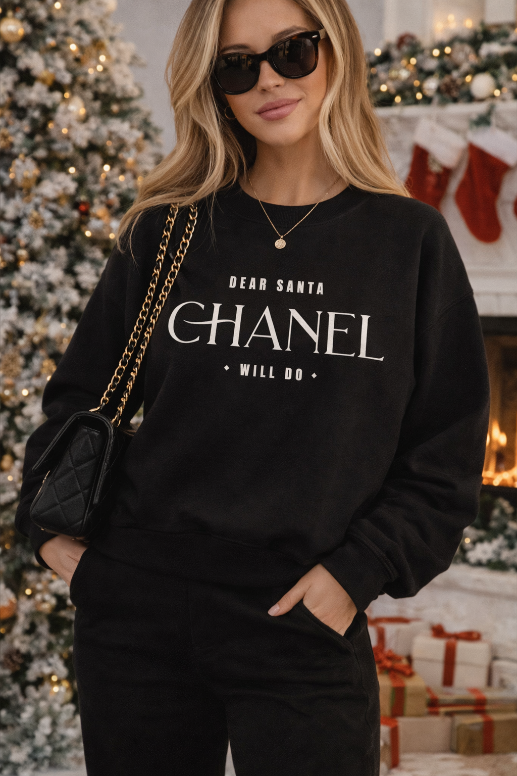 Dear Santa Chanel Will Do - Designer Inspired Knit Crewneck Sweatshirt