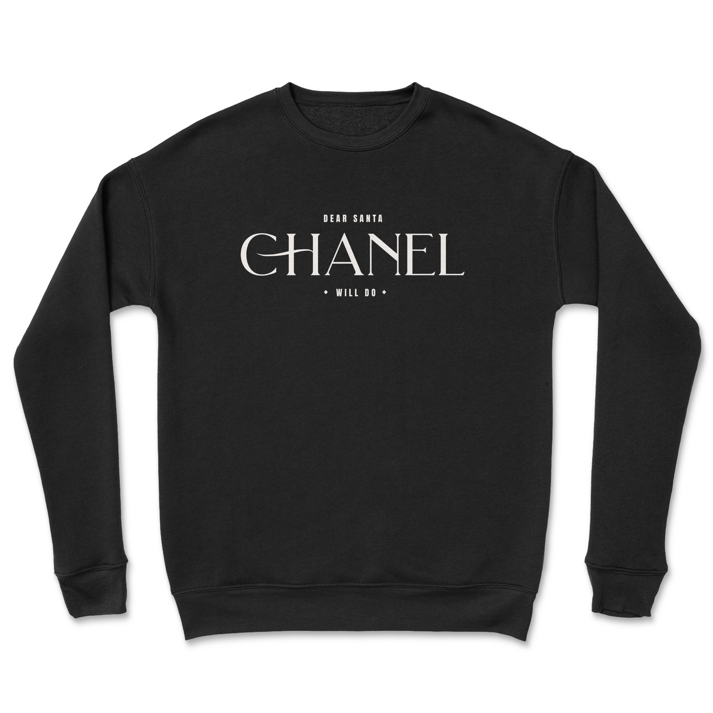 Black sweatshirt with 'Chanel' text on a white background