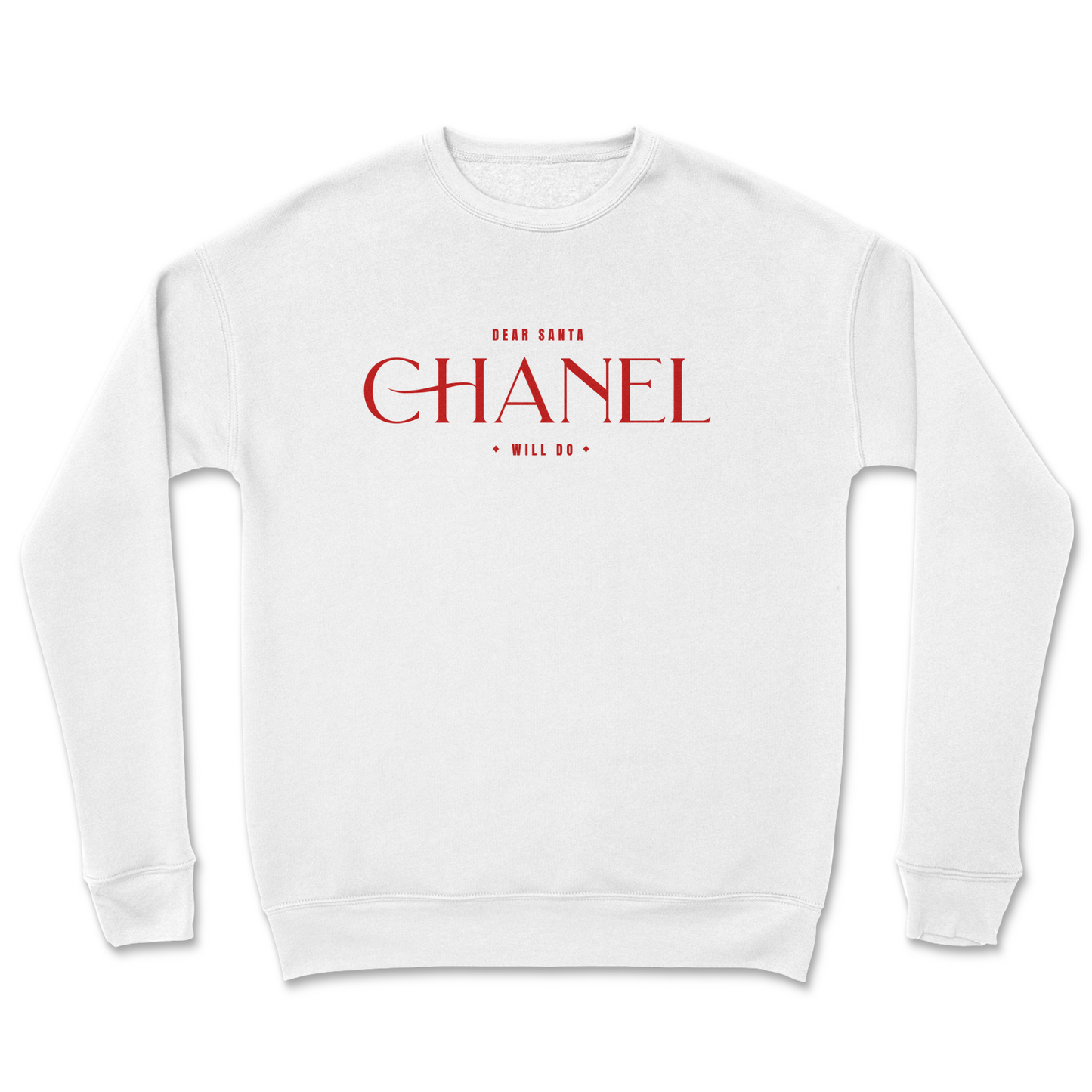 White sweatshirt with red 'Chanel' text on a white background