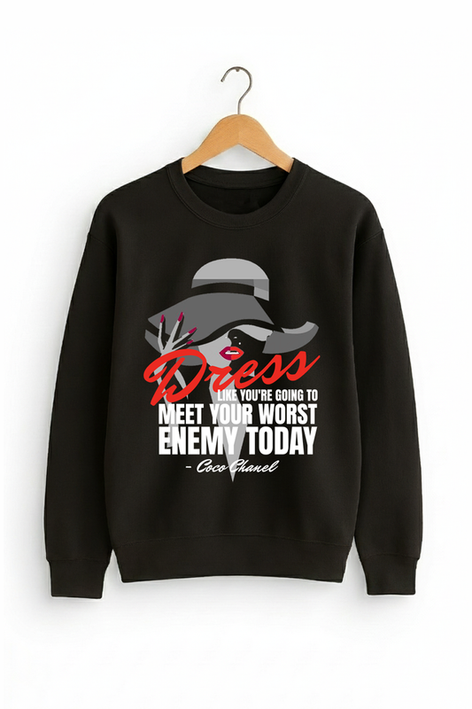 Black sweatshirt with graphic design and text on a white background