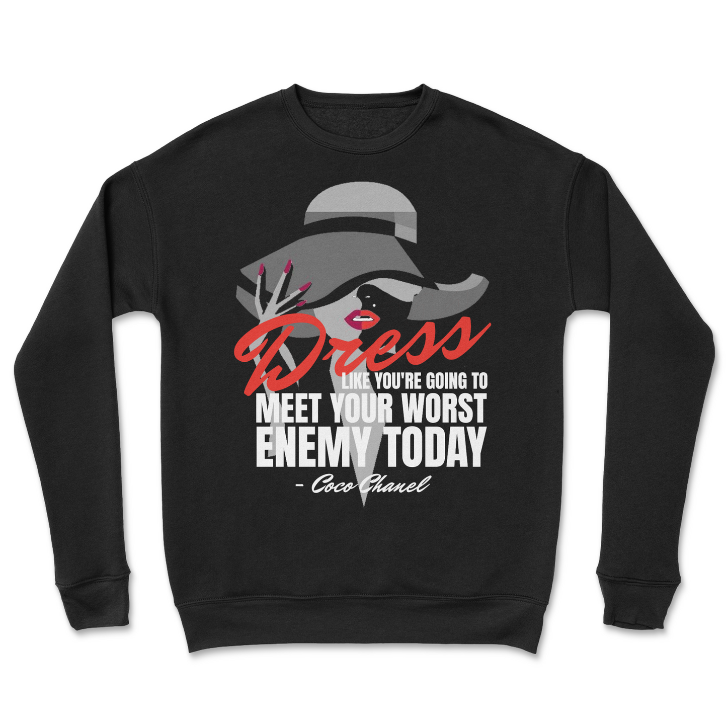 Black sweatshirt with graphic design and text on a white background