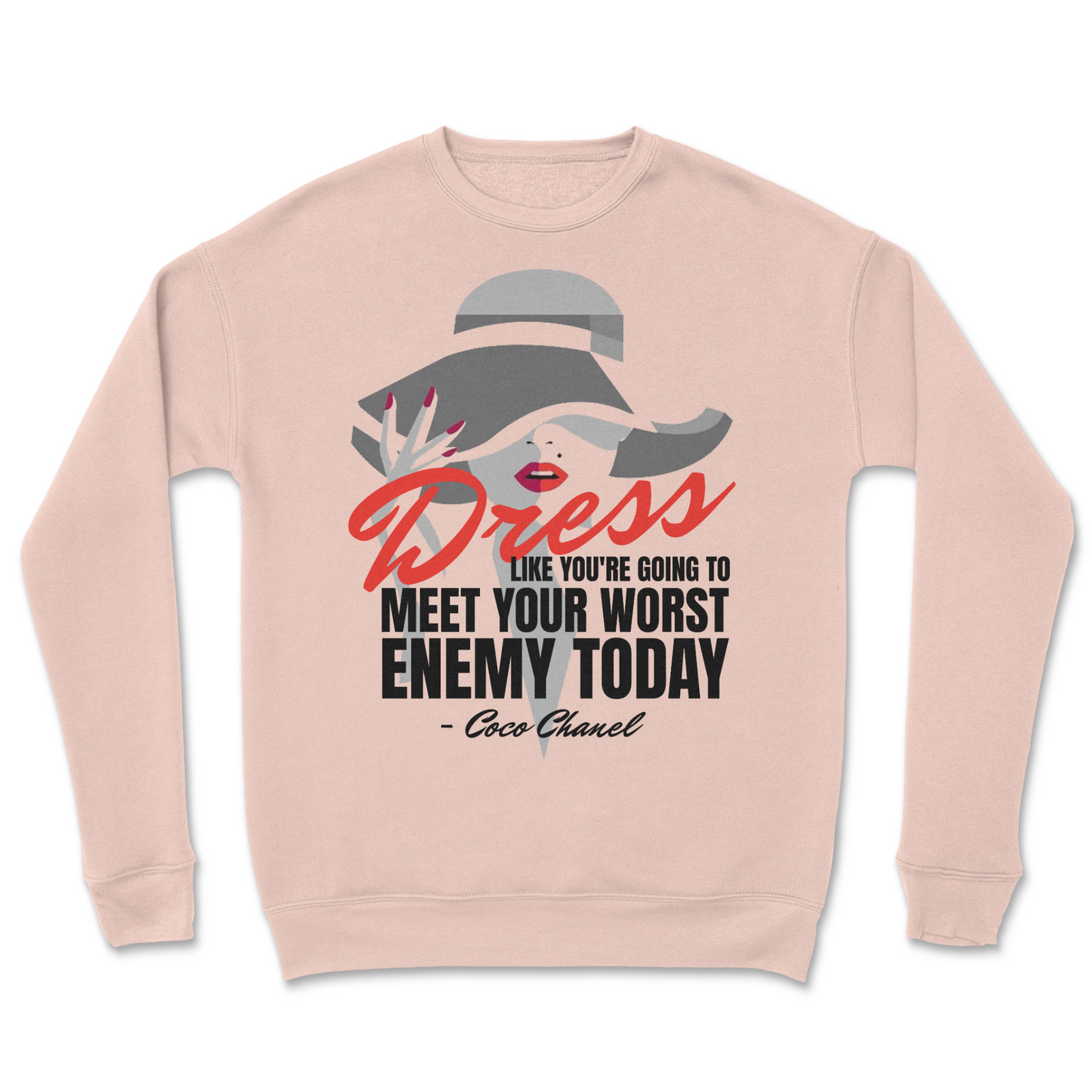 Pink sweatshirt with graphic and text on a white background