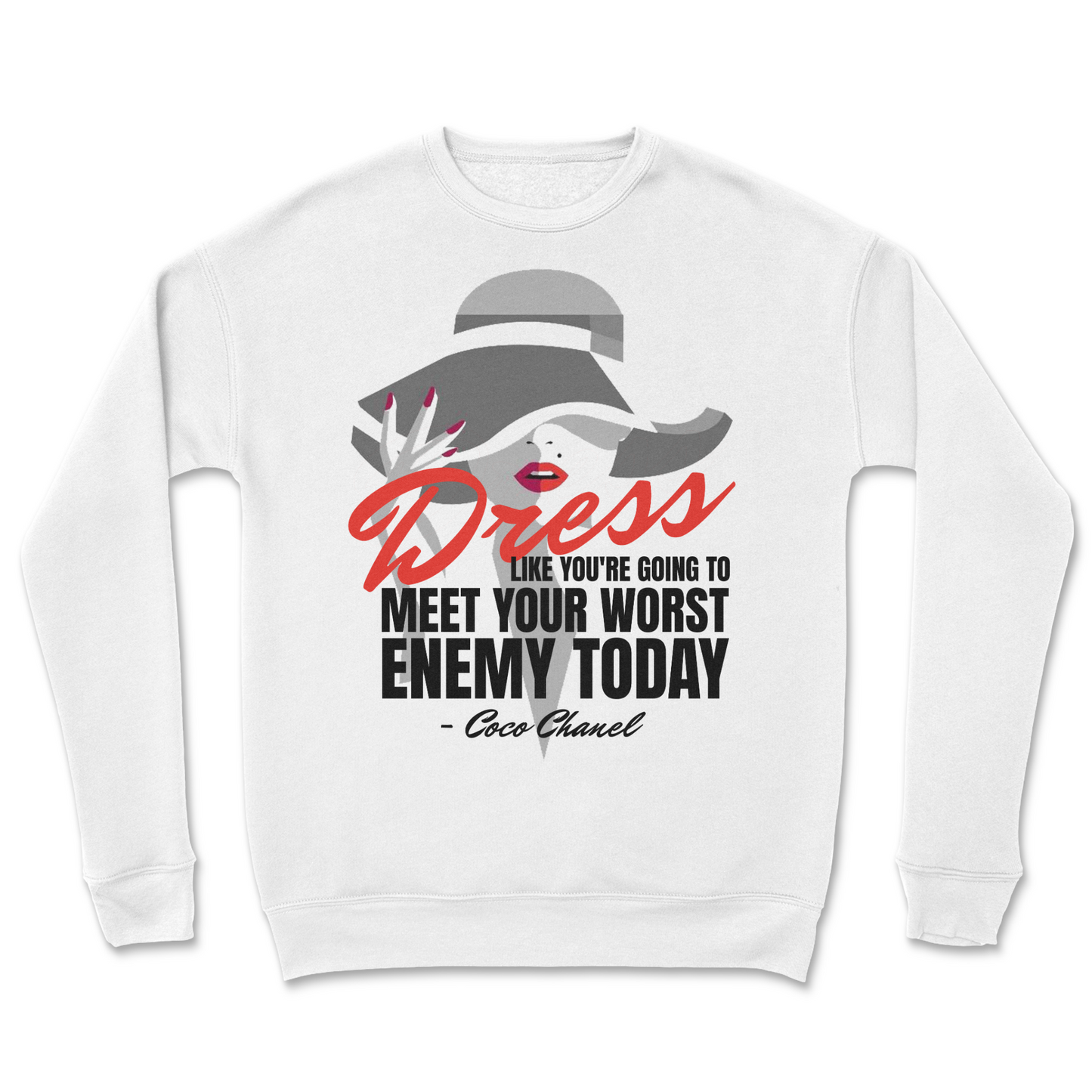 White sweatshirt with graphic design and text on a white background