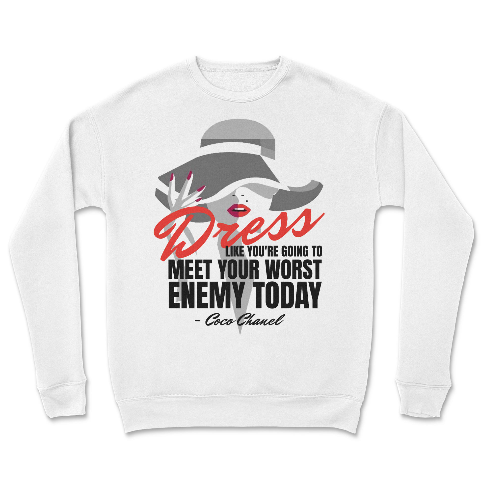 White sweatshirt with graphic design and text on a white background