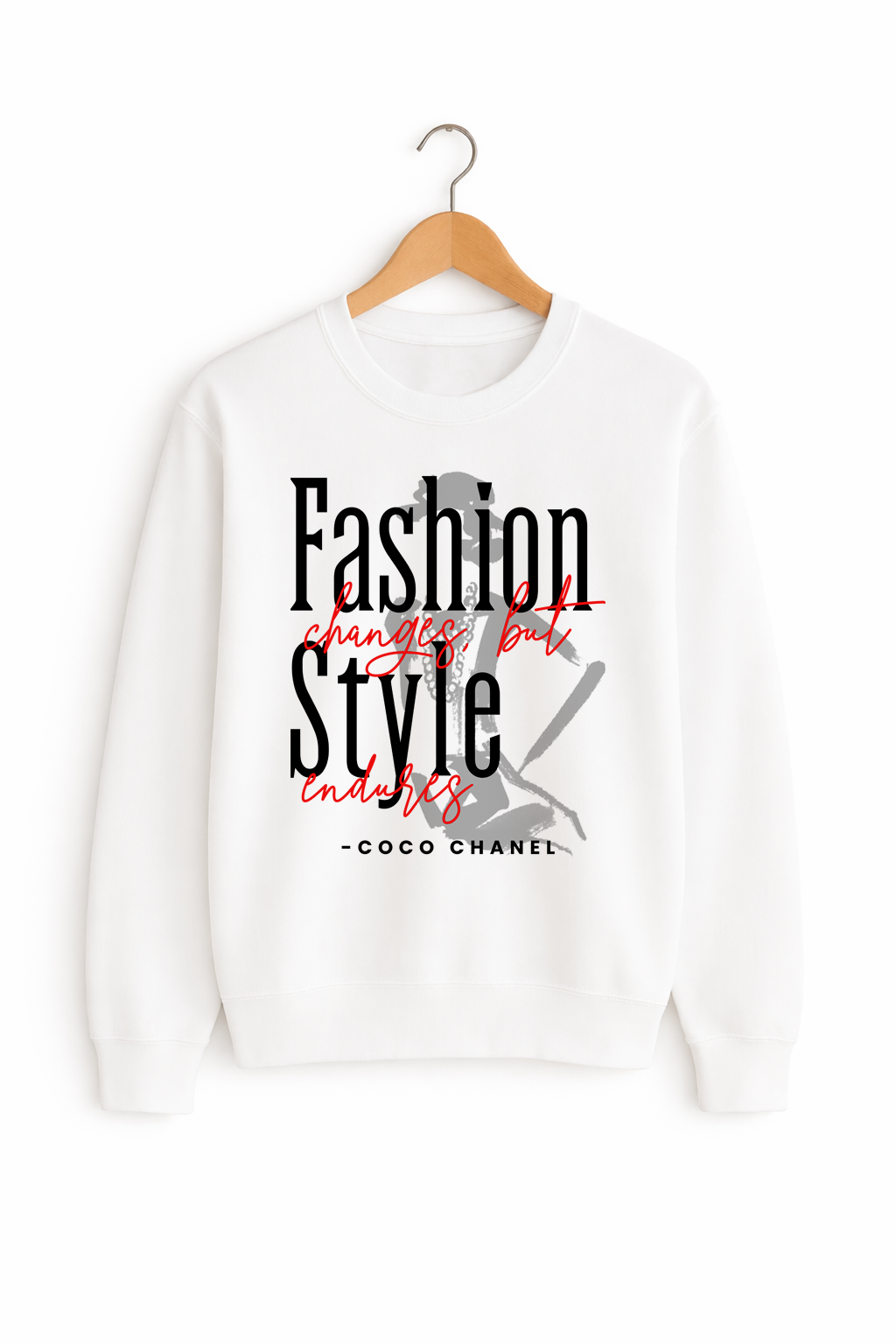 White sweatshirt with black text and a hanger on a white background