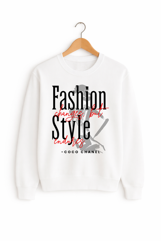 White sweatshirt with black text and a hanger on a white background