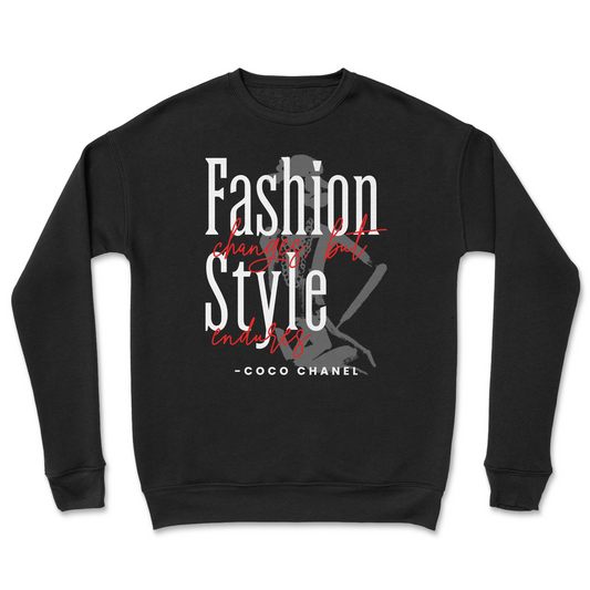 Black sweatshirt with Coco Chanel quote on a white background