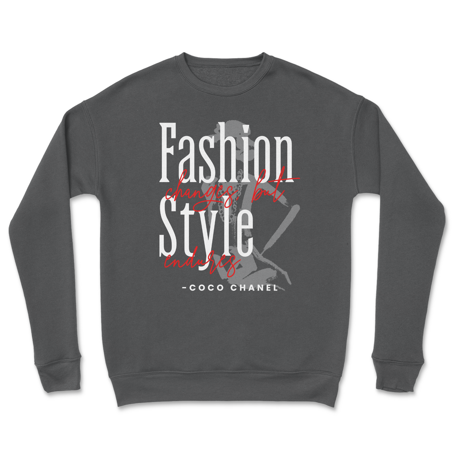 Gray sweatshirt with Coco Chanel quote on a white background