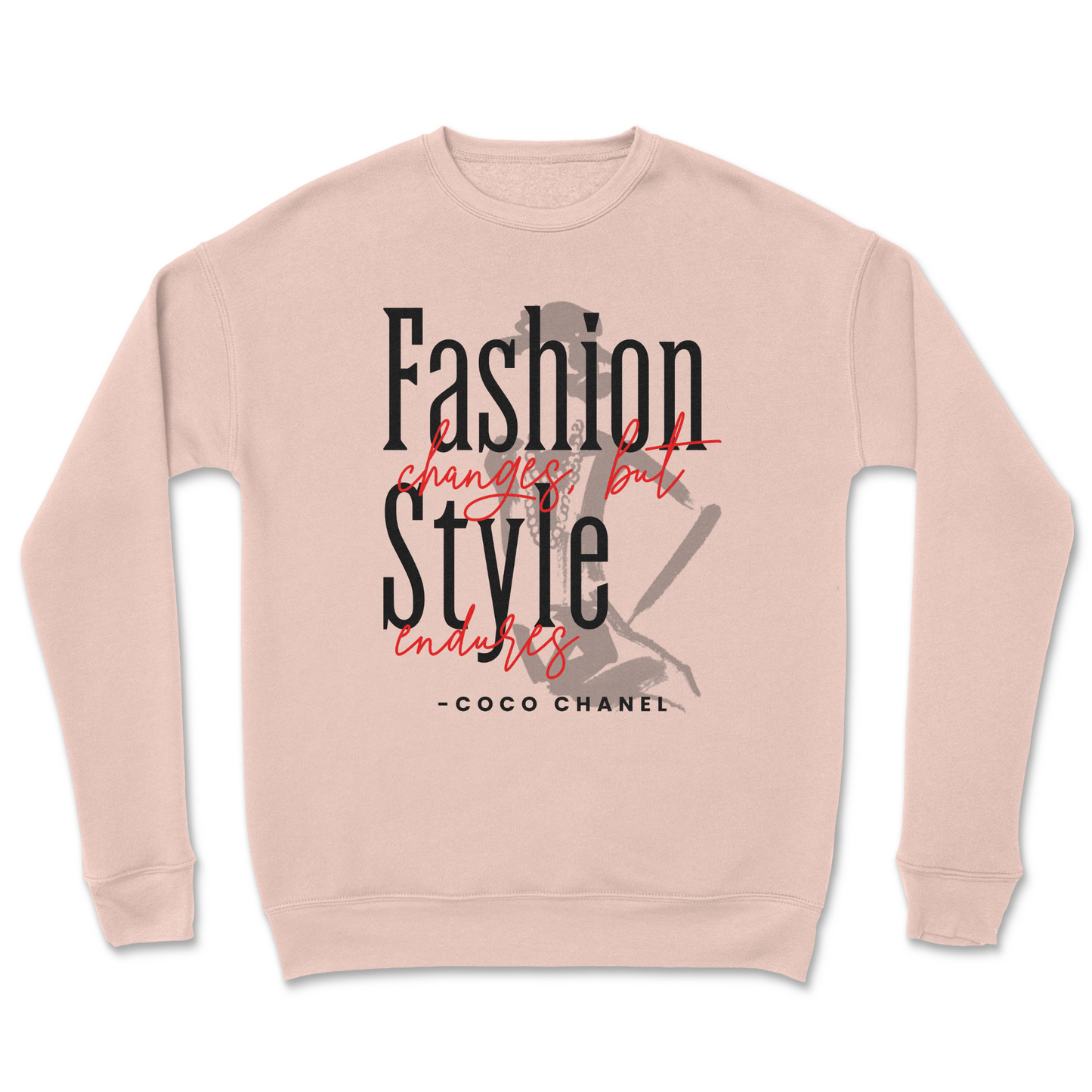 Pink sweatshirt with Coco Chanel quote on a white background