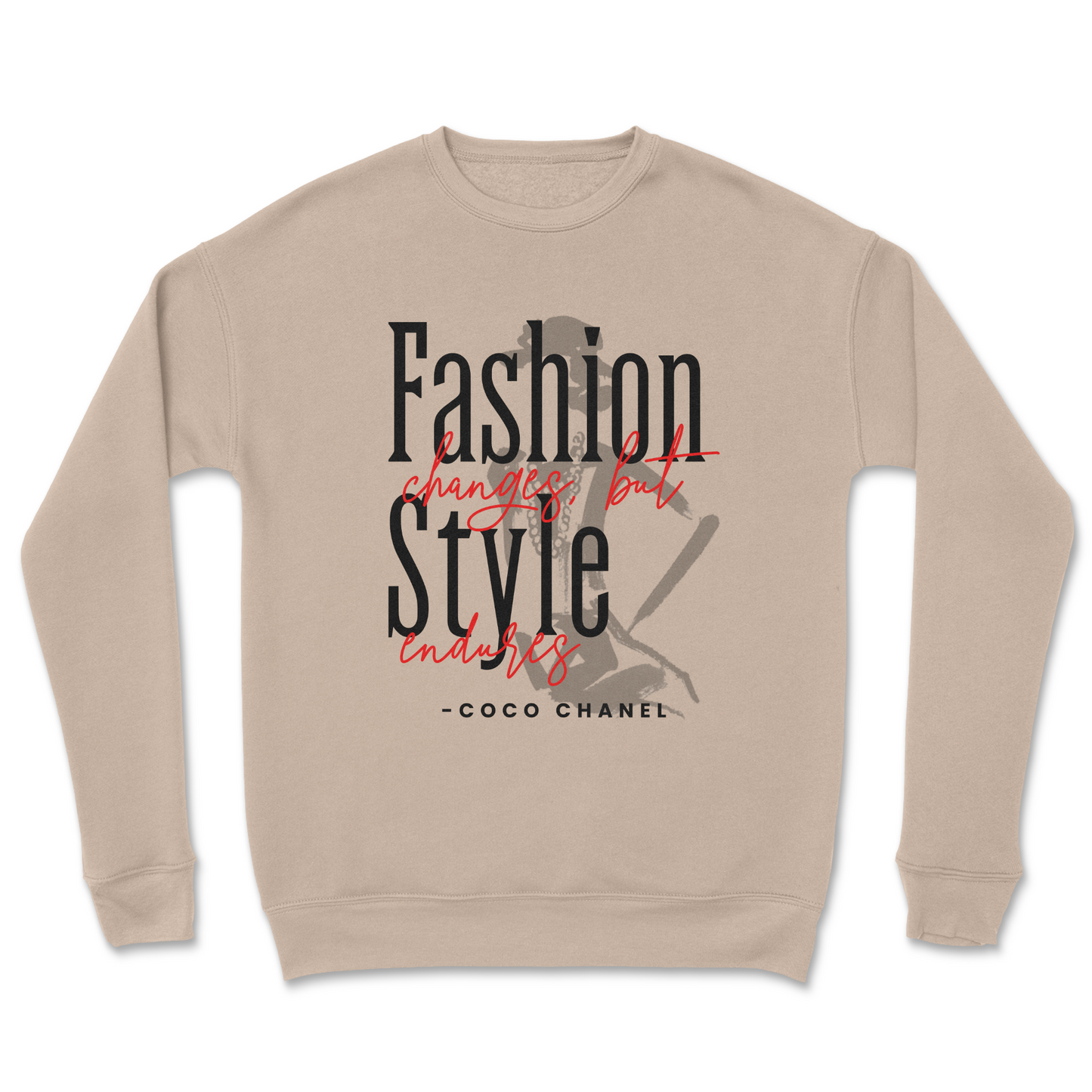 Beige sweatshirt with Coco Chanel quote on a white background