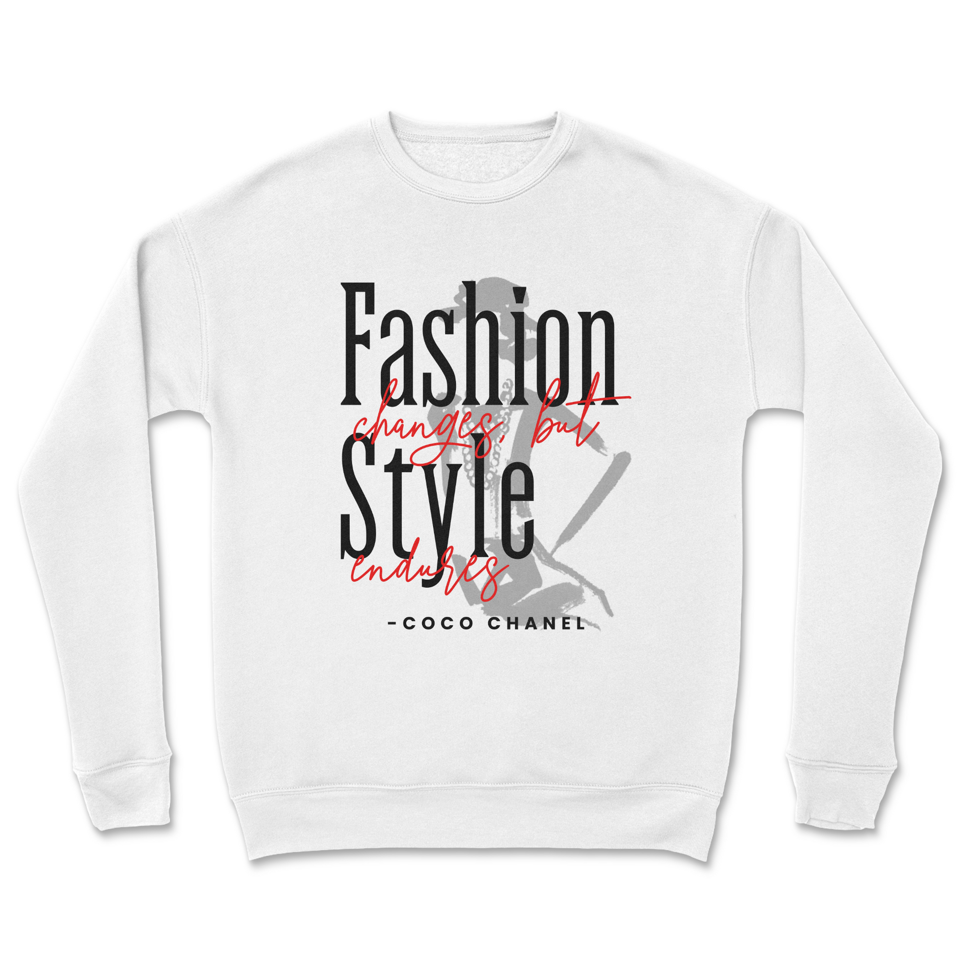 White sweatshirt with Coco Chanel quote on a white background