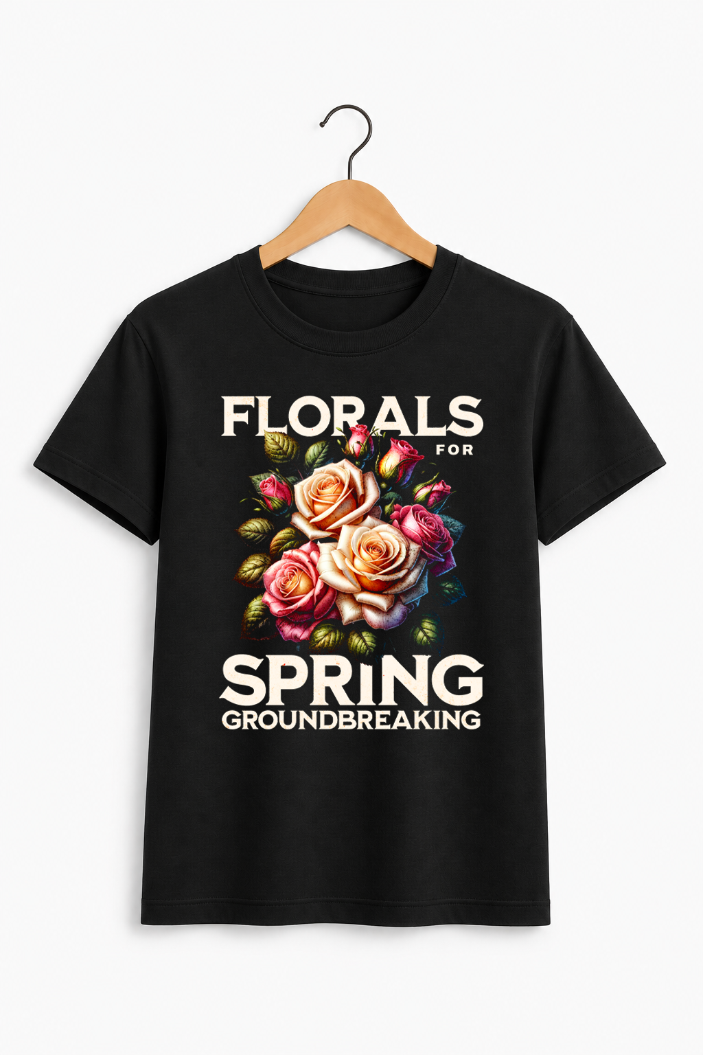 Black t-shirt with floral design and text on a white background