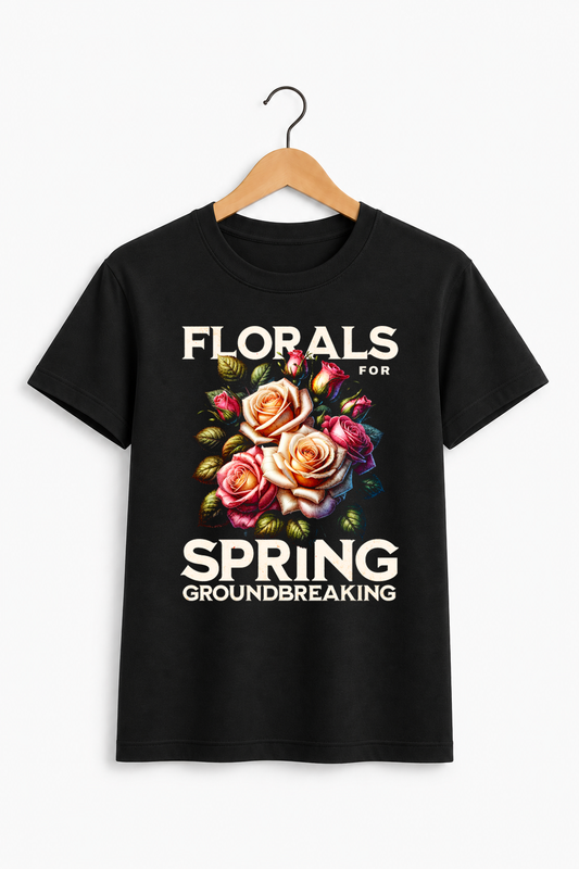Black t-shirt with floral design and text on a white background