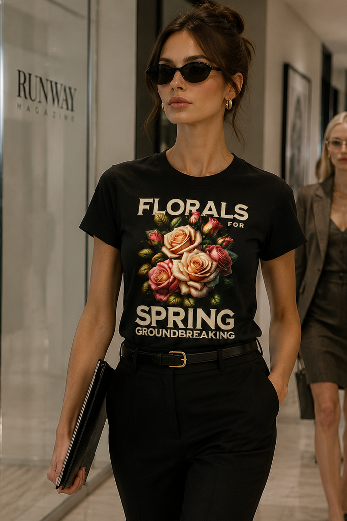 model wearing florals for spring groundbreaking black tee