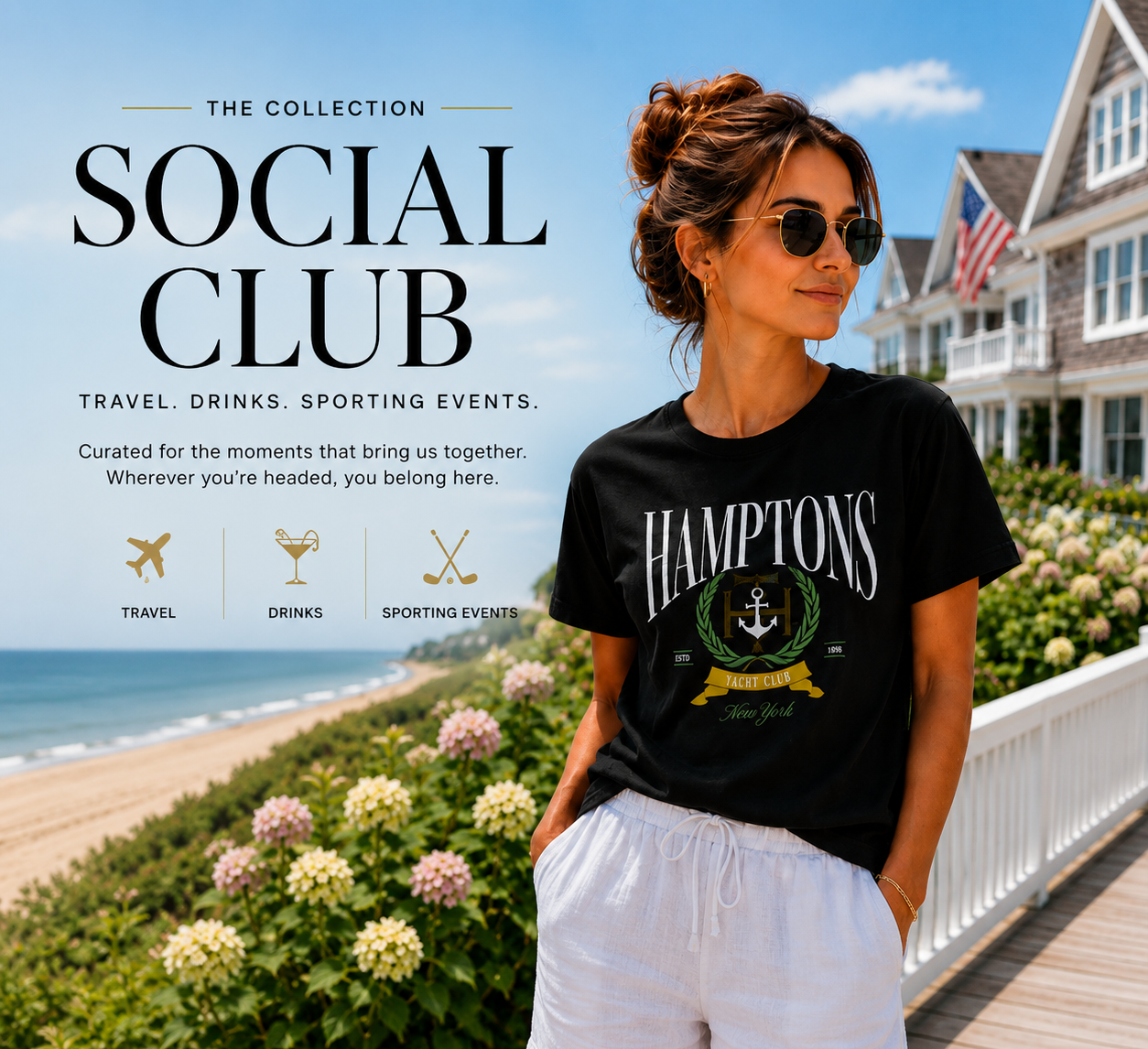 Woman wearing a 'Hamptons' t-shirt by the beach with promotional text for 'Social Club'.